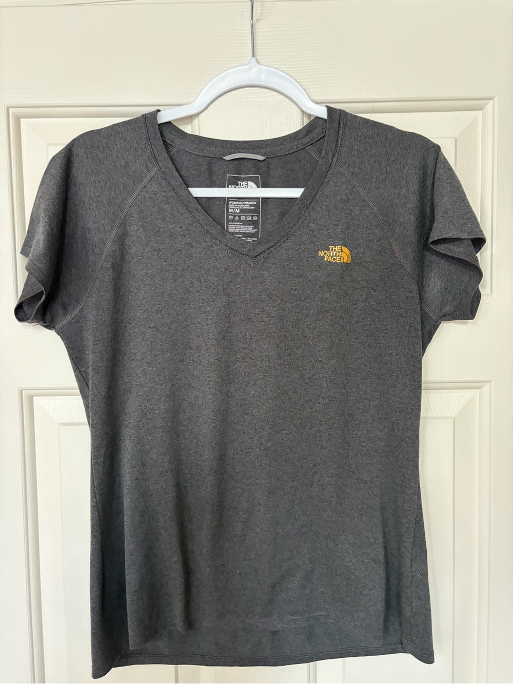 The North Face Women's Charcoal Gray V-Neck Tee with Yellow Logo